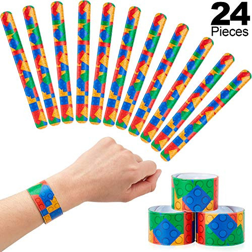 Gejoy 24 Pieces Colorful Brick Party Slap Bracelets Building Block Slap Bracelets for Construction Theme Birthday Party Favors