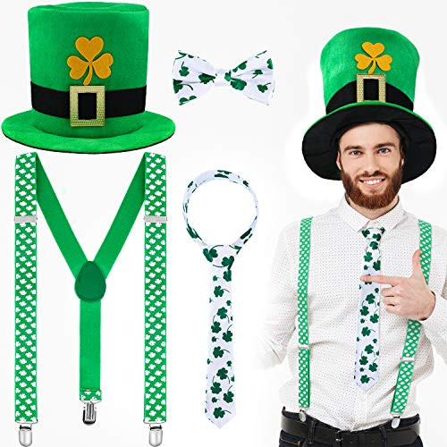 SATINIOR 4 Pieces St. Patrick's Day Costume Accessories Green Leprechaun Hat Shamrock Suspenders Bowtie Necktie for St. Patrick's Day Party Favors