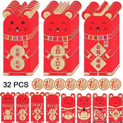 32 Pieces Lucky Money Pockets Chinese Red Envelopes 2020 Chinese Rat Year Red Packets for Spring Festival New Year Birthday
