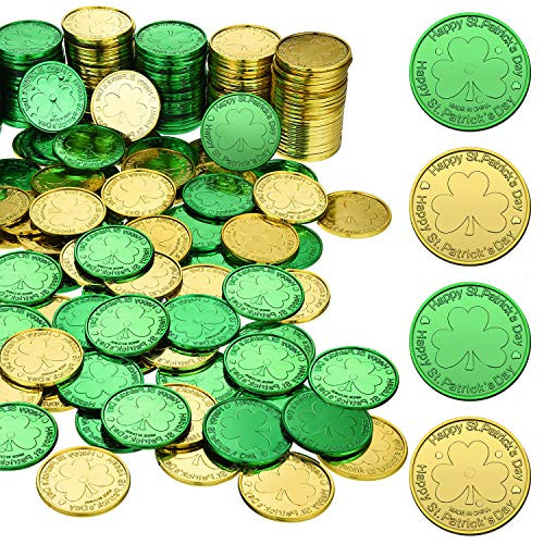 240 Pieces St. Patrick's Day Lucky Coins Shamrock Plastic Coins Green and Gold Coins Table Scatter Decoration for St. Patrick's Day Party Favor