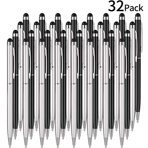 32 Pieces Stylus Pen for Touch Screens, 2 in 1 Universal Ballpoint Fine Tip Stylus Metal Pens, Black Ink, for Most Capacitive Touch-Screen Phone Tablet (Black, Sliver)