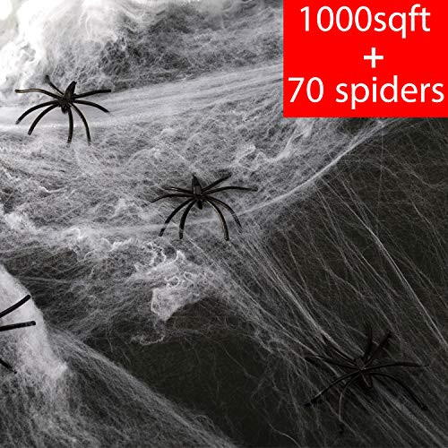 1000 sqft Halloween Spider Web Decorations,Super Stretch Spider Web with 70 Plastic Fake Spiders Halloween Party Supplies Scene Props Indoor Outdoor Decorations for Bar Haunted House (300g/10.58 oz)