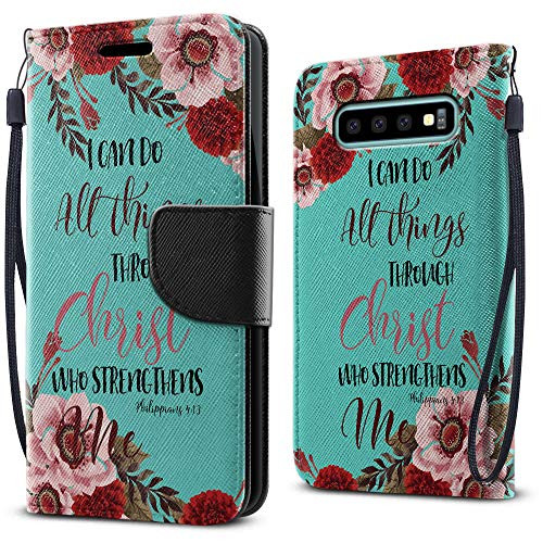 FINCIBO Case Compatible with Samsung Galaxy S10 6.1 inch, Fashionable Flap Wallet Pouch Cover Case + Card Holder Kickstand for Galaxy S10 (NOT FIT S10 Plus) - Christian Bible Verses Philippians 4:13