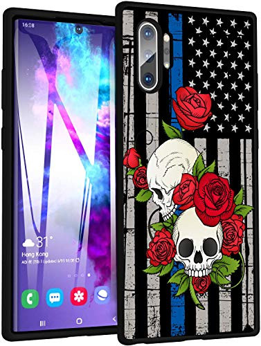 Galaxy Note 10 Plus/Note 10 Plus 5G Case,Thine Blue Line American Flag Rose Skull Slim Anti-Scratch Shockproof Leather Grain Soft TPU Back Protective Cover Case for Samsung Galaxy Note 10 Plus (2019)
