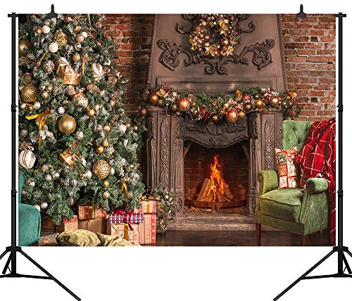 CapiSco 7X5FT Christmas Backdrop Vinyl Christmas Photography Background for Baby Child Adult Indoor Fireplace and Christmas Tree Background Child Adult Portrait Chirstmas Backdrop SCO105A