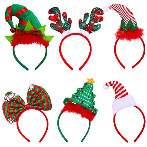 Elcoho 6 Pack Christmas Headbands Xmas Party Hat Headbands Christmas Elf Headbands Reindeer Antlers Headband for Christmas Party Decoration