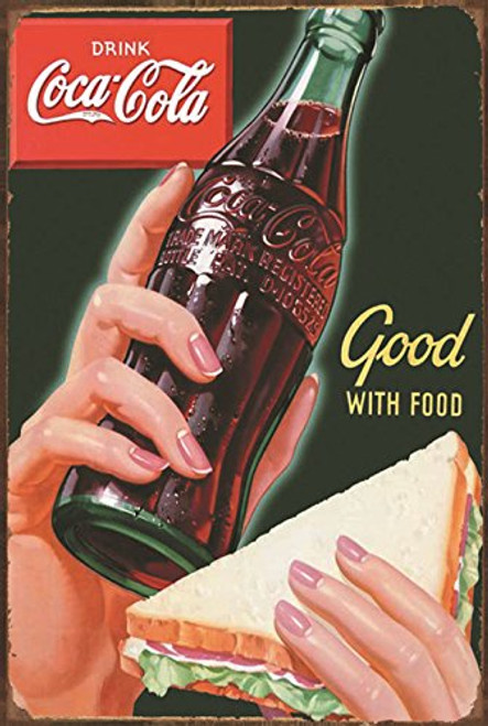 Tin Sign:Coke-Drink Coca-Cola Good With Food Vintage Metal Sign Retro Decor For Wall Bar Home Pub Tin Sign Posters 12 X 8 Inch