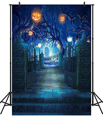 Duluda 5X7FT Halloween Themed Photography Backdrop Pumpkin Lamp in Tree Photo Background Seemless Studio Booth Prop Blue HW19A