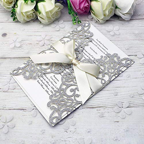 PONATIA 25PCS 5.12 x 7.1 '' Laser Cut Wedding Invitations Cards with Envelopes for Wedding Bridal Shower Engagement Birthday Invite (Silver Glitter)