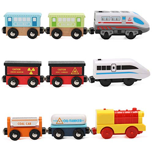 On Track USA Wooden Trains Set Motorized Action Trains, 9 Piece Battery Operated Engine Train Toy, 3 Motorized and 6 Wooden Trains. Compatible to Wooden Tracks from All Major Brands