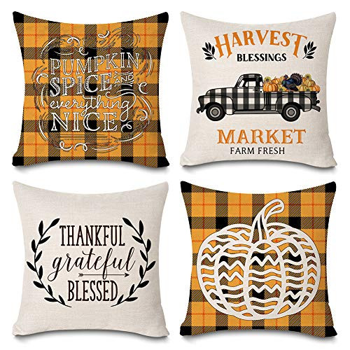 Auomily Fall Pillow Cases Buffalo Plaids Leaves Pumpkin Harvest Autumn Farmhouse Decorative Thanksgiving Throw Pillow Covers Cotton Linen Cushion Cover 18x18 inch Set of 4