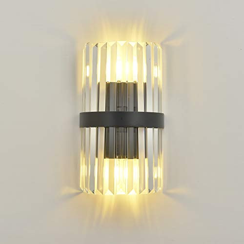 FERWVEW 2 Lights Black Crystal Wall Sconce, Modern Vanity Lighting Fixture with Crystal Shade, Crystal Wall Lamp Indoor Wall Fixture for Bedroom Bathroom Hallway