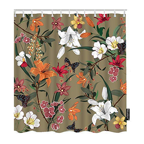 Moslion Floral Shower Curtains 72x72 Inch Vintage Butterfly On Rose Flowers Leaves Botanical Plant Bathroom Shower Curtain Set Home Decorative Waterproof Polyester Fabric with Hooks