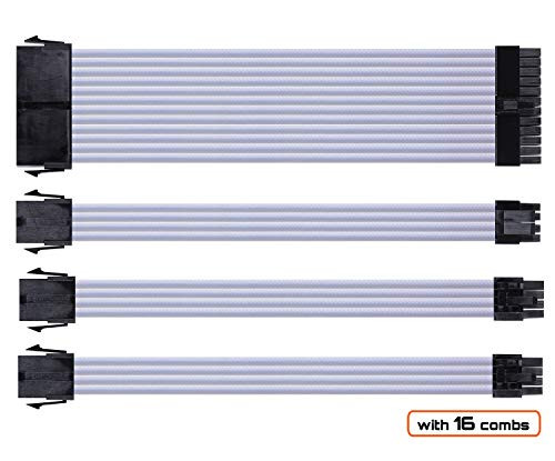 Funtin PSU Sleeved Cable, UL1015 18AWG Fiber Braided ATX EPS PCI-E White Cable Extension Kit with Combs for Modular Power Supply 30CM