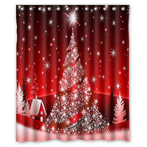 FMSHPON Red Xmas Shiny Christmas Tree and Snowflakes Winter Polyester Fabric Shower Curtain 60x72 Inch FMSHPON Red Xmas Shiny Christmas Tree and Snowflakes Winter Polyester Fabric Shower Curtain 60x72 Inch