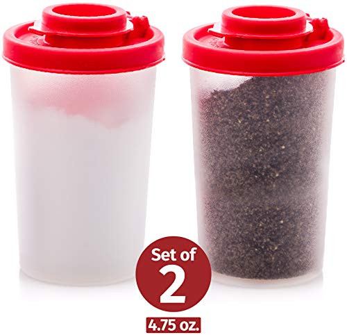 Salt and Pepper Shakers Moisture Proof Set of 2 Large Salt Shaker to go Camping Picnic Outdoors Kitchen Lunch Boxes Travel Spice Set Clear with Red Covers Lids Plastic Airtight Spice Jar Dispenser
