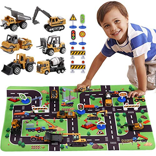 SunbriloStore Construction Vehicles Truck Toys Set with Play Mat, Vehicles Toy Play Set with a Kid Play Car Rug, Engineering Vehicle Toys with 6 Trucks Construction Site, 6 Traffic Sign, Road for Kids