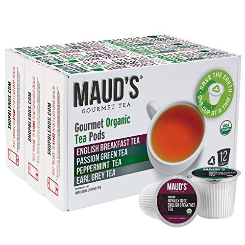 Maud's Organic Tea Variety Pack, 36ct. Recyclable Single Serve Organic Tea Pods: Green Tea, Peppermint Tea (Decaf Tea), English Breakfast Tea & Earl Grey Tea Black Teas, Keurig Tea K Cups Compatible