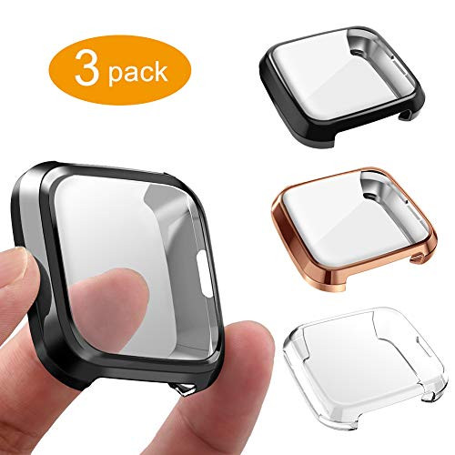 GHIJKL 3 Packs Screen Protector Compatible Fitbit Versa Lite Edition, Ultra Slim Soft Full Cover Case for Fitbit Versa Lite Edition, Crystal Clear, Black, Rose Gold