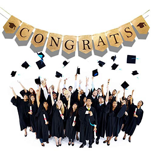Congrats Banner Burlap Graduation Banner with Black Graduation Cap(Assembled) Class of 2019 Graduation Party Supplies Congratulation Grad Garland to Celebrate the Graduation