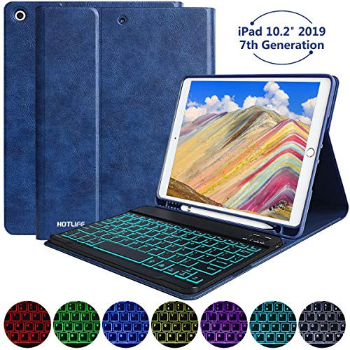 New iPad 7th Generation Case with Keyboard, iPad 10.2 2019 Keyboard Case Lightweight Magnetic Cover iPad Cases with Pencil Holder Wireless Backlit Keyboard for Apple iPad 10.2 Inch 7th 2019