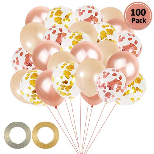 Rose Gold Confetti Balloons & Champagne Gold Balloons Pack of 100 - 12 Inch Premium Latex Balloons Perfect for Rose Gold Party Decorations, Birthday Party, Bridal Shower, Baby Shower, Weddings, Engagements.