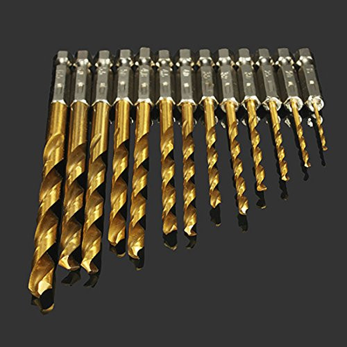 OriGlam 13Pcs Titanium Drill Bit Set, 1/4" Hex Shank Micro Twist Drill Bit, 1.5-6.5mm Titanium Coated High Speed Steel Drill Bit Tools Perfect for Wood, Steel Metal, Aluminum Alloy
