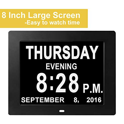 [16 Reminders] 8 Inch Electronic Alarm Clock Day Calendar Large Clocks for Dementia Alzheimers Sufferers Elderly Seniors Memory Loss Impaired Vision Products-Black