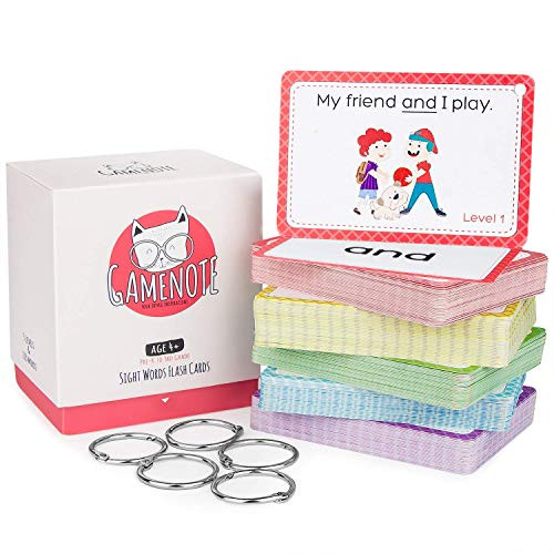 Gamenote Sight Words Flash Cards with Pictures & Sentences - 220 Dolch Big Word Reading Flash Card from Pre K to 3rd Grade (Include 5 Rings)