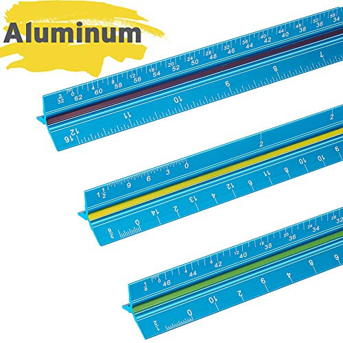 Sooez 12" Architectural Scale Ruler, Aluminum Color-Coded Grooves Triangular Architect Scale Laser Etched Metal Triangular Architect Scale Ruler Solid Architecture Ruler, Blue