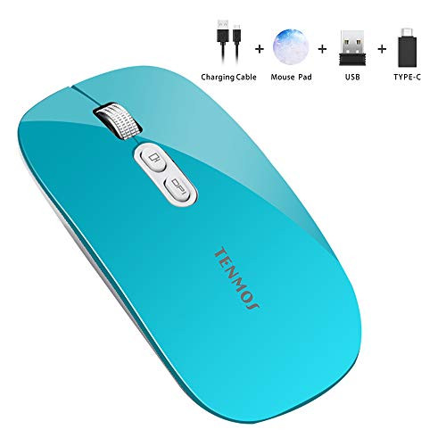 TENMOS T8 Wireless Mouse and Mouse Pad, 2.4G Silent Rechargeable Wireless Computer Mice with USB Receiver Type C Adapter, Home Button, Portable Travel Mouse for Laptop, Chromebook (Blue)