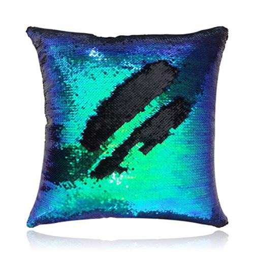 San Tungus Wedding Sparkly Sequin Pillows, Mermaid Pillows Cover Decorative Cushion Cover Reversible Sequin Pillowcase,Mermaid Green and Black,14x14-Inches