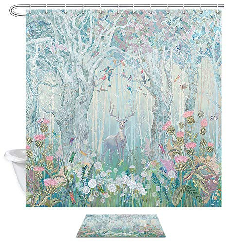 DYNH Deer Shower Curtain Bath Rug Safari Decor, Elk in Fanstry Forest with Flowers Birds Butterflies Dragonflies, 69X70in Animals Fabric Bath Curtains with 15.7x23.6in Flannel Non-Slip Entrance Mat