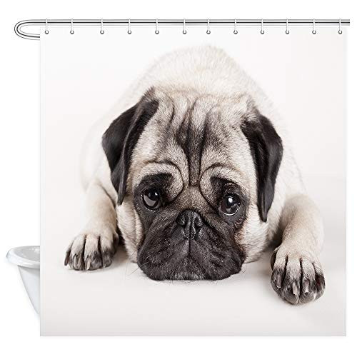 DYNH Dog Lover Shower Curtain for Bathroom, Animals Decor Pug Puppy Lying Down, Waterproof Polyester Fabric, Bath Curtains Accessories, with Hooks, 69X70 Inches