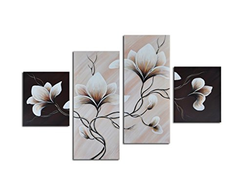 Noah Art-Modern Flower Paintings, 100% Hand Painted Taupe Flower Picture Stretched Grey Floral Wall Art On Canvas, 4 Piece Gallery Wrapped Canvas Flower Artwork for Bedroom Wall Decoration