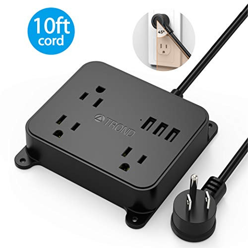 Power Strip with Long Cord 10ft, TROND Wall Mountable Outlet Extender with 3 USB Ports, 3 Widely Spaced Flat Plug Outlets, Desktop Charging Station for Dorm Room Nightstand Office, Black