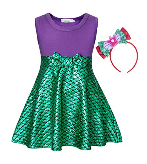 AmzBarley Mermaid Dress for Girls Kids Princess Costume Halloween Outfit Birthday Theme Party Playwear Sundress with Headband Size 4-5 Years