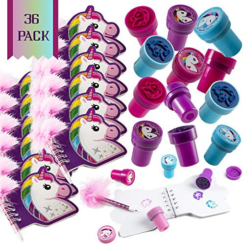 Favonir Unicorn Stationary Party Souvenirs Favors 36 Gift Pack  12 Mini Notebooks  12 Feather Pens  12 Stampers  Kids Birthday Party Supplies Bulk Set - Ideal As Party Favor, Reward Prizes, carnival And Events