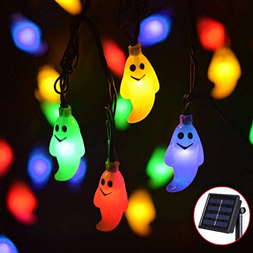 Ausein Halloween Ghost String Lights, 19.7ft 30 LED Solar String Lights Outdoor Decoration Rope Lights for Patio, Garden, Gate, Yard, Halloween Christmas Decoration, IP65 Waterproof, Multicolor