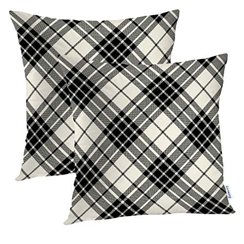 Batmerry Plaid Pillow Covers 18x18 Inch Set of 2, Black and White Plaid Plaid Black Diagonal Fabric Green Scottish Double Sided Decorative Pillows Cases Throw Pillows Covers