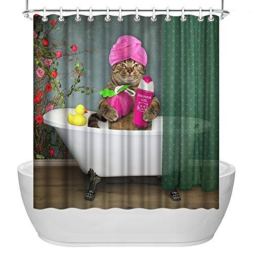 ArtBones Animal Shower Curtain Cat Having a Bath in a Tub Bathroom Shower Curtains Polyester Fabric Waterproof with Hooks 72x72 inches