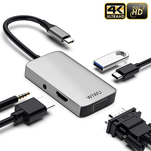 USB C Hub, 5 in 1 USB C Adapter with 4K USB C to HDMI, USB Type-C 87W PD Charging Port, 1 USB C 3.0 Port, 1080P VGA Port, 1 Stereo, Compatible with MacBook, Lenovo, DELL and Other Type C Laptops