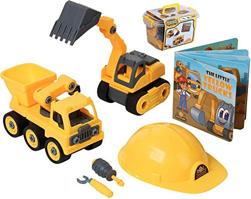 Build Me Take Apart Tractor Toys with Dump Truck, Excavator Toy, Tractor Book, Hard Hat, Screwdriver and Wrench - Take Apart Trucks Digger and Dump Truck Toy - Set of 2 Construction Vehicles