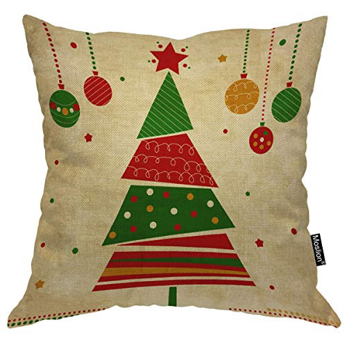 Moslion Tree Pillow Cover Christmas Mistletoe Tree with Polka Dot Star Ball Bells Throw Pillow Case 18x18 Inch Cotton Linen Canvas Decorative Square Cushion Cover Green Red Beige