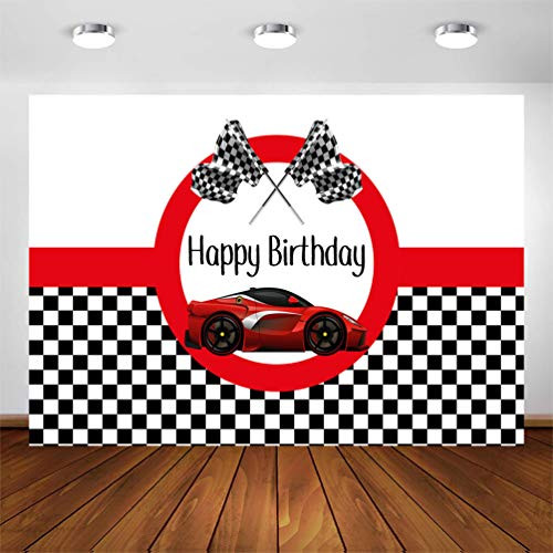 COMOPHOTO Race Car Birthday Backdrop 7x5ft Red Car Racing Boy Kid Birthday Party Decorations Background for Photography Photo Booth Racing Banner Pictures
