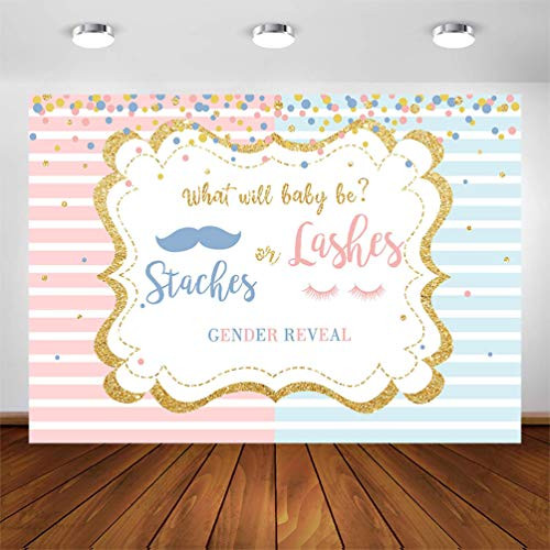 COMOPHOTO Staches or Lashes Gender Reveal Backdrop Pink or Blue Mustaches or Lashes Gold Glitter Photo Background 7x5ft Boy or Girl Gender Reveal Party Decorations Photography Backdrops