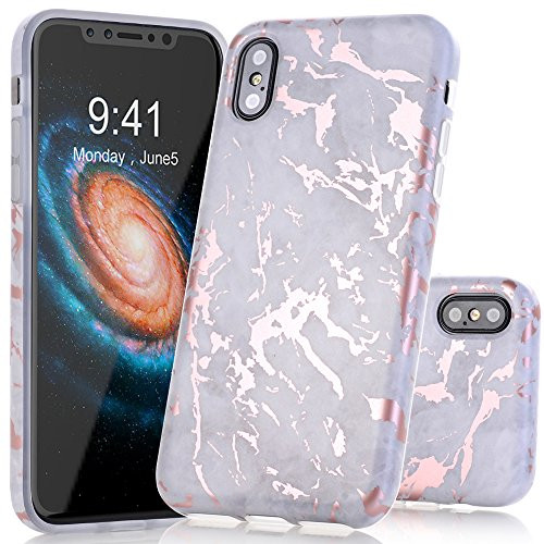 BAISRKE iPhone X Case, iPhone Xs Shiny Rose Gold Gray Marble Design Bumper Matte TPU Soft Rubber Silicone Cover Phone Case for iPhone X/XS 5.8 inch