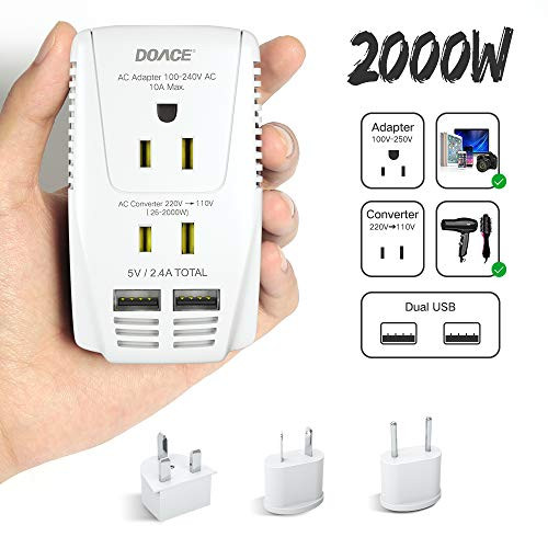 2020 Upgraded DOACE 2000W Travel Voltage Converter Power Adapter, Step Down 220V to 110V for Hair Dryer Straightener Curling Iron Laptop Cell Phone, Dual USB and EU/UK/AU/US Plugs for 190 Countries