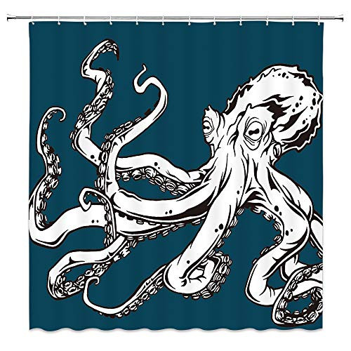 XZMAN Octopus Shower Curtain Kraken Sea Monster Cool Octopus Tentacles Black White Sketch Abstract Navy Blue Polyester Home Bathroom Decor Set 70 x 70 Inches with Hooks