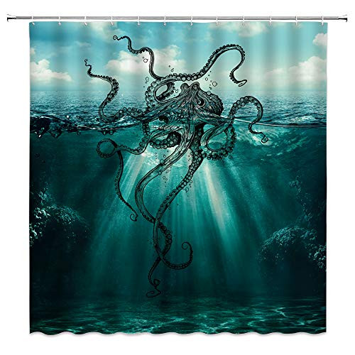 XZMAN Octopus Shower Curtain Ocean Sea Monster Kraken Unique Seawater Nautical Polyester Waterproof Bathroom Decor Set with Hooks,70 x 70 Inch,Deep Blue